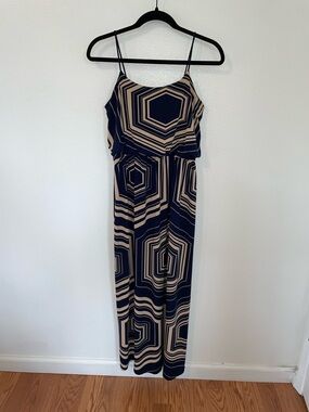 En Focus Navy & Beige Geometric Spaghetti-Strap Maxi Dress